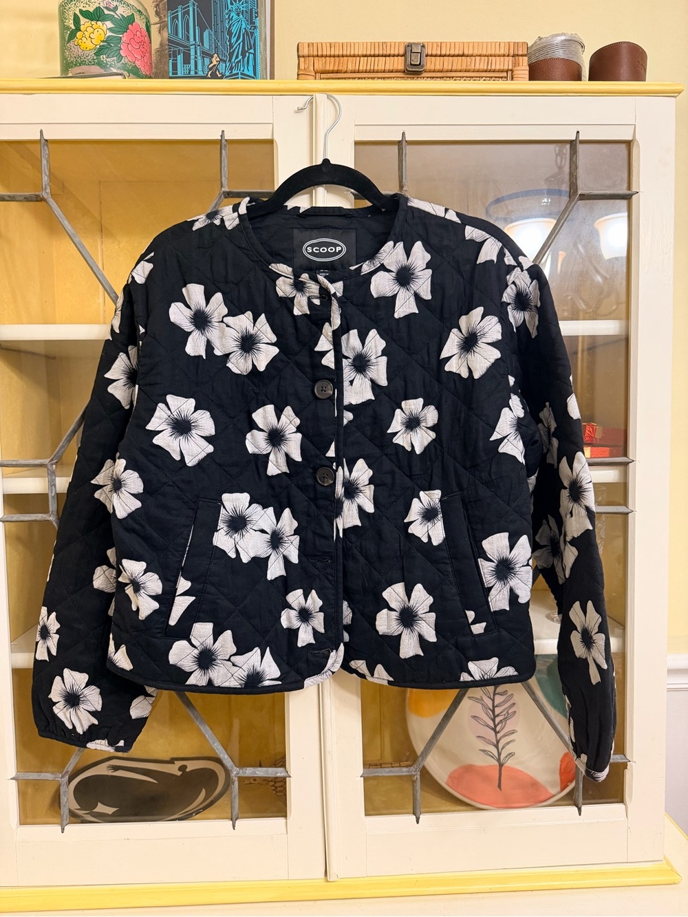 Scoop NYC Black Quilted Jacket with White Floral Print